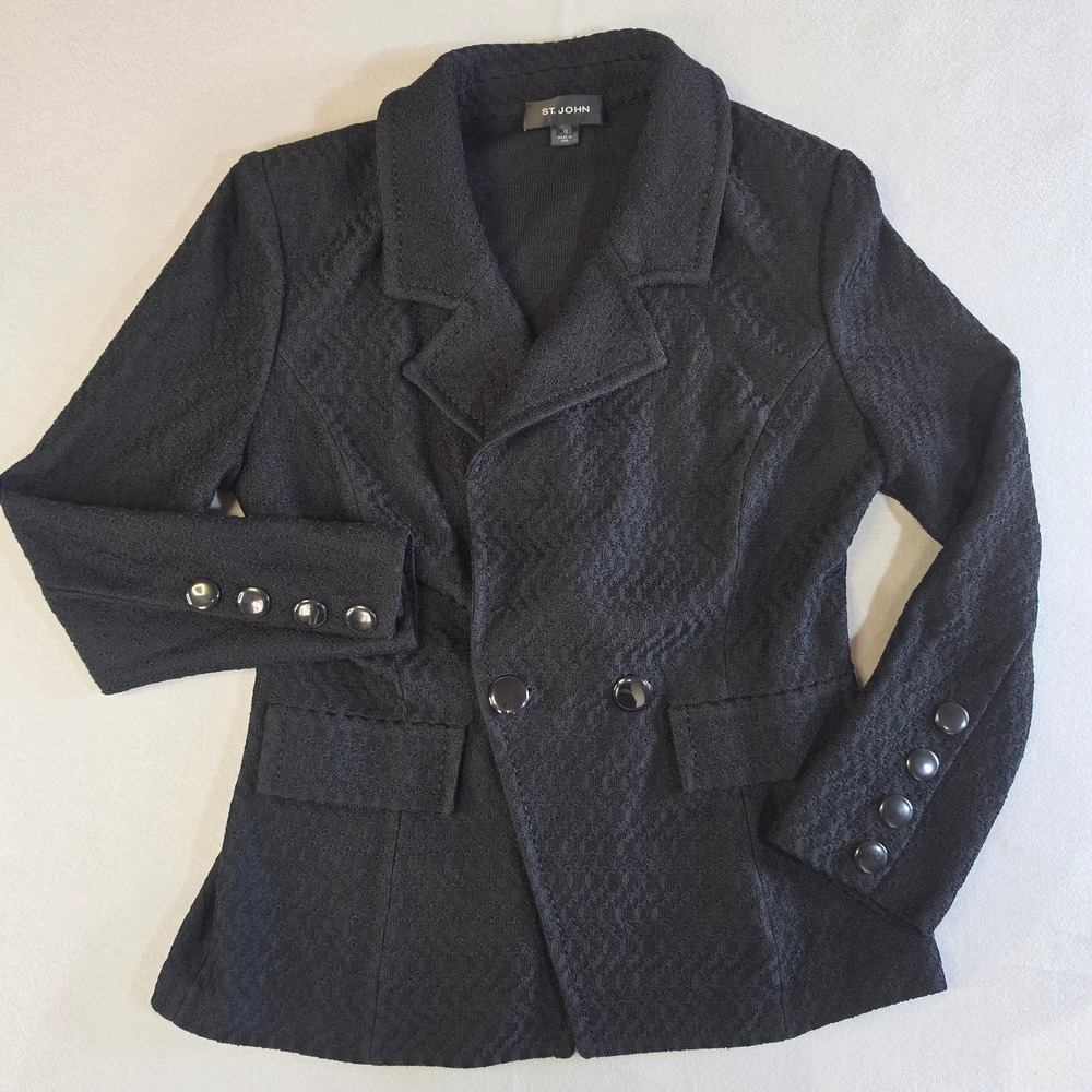 St. John Quiet Luxury Textured Knit Blazer Size 12 Professional Classic Black